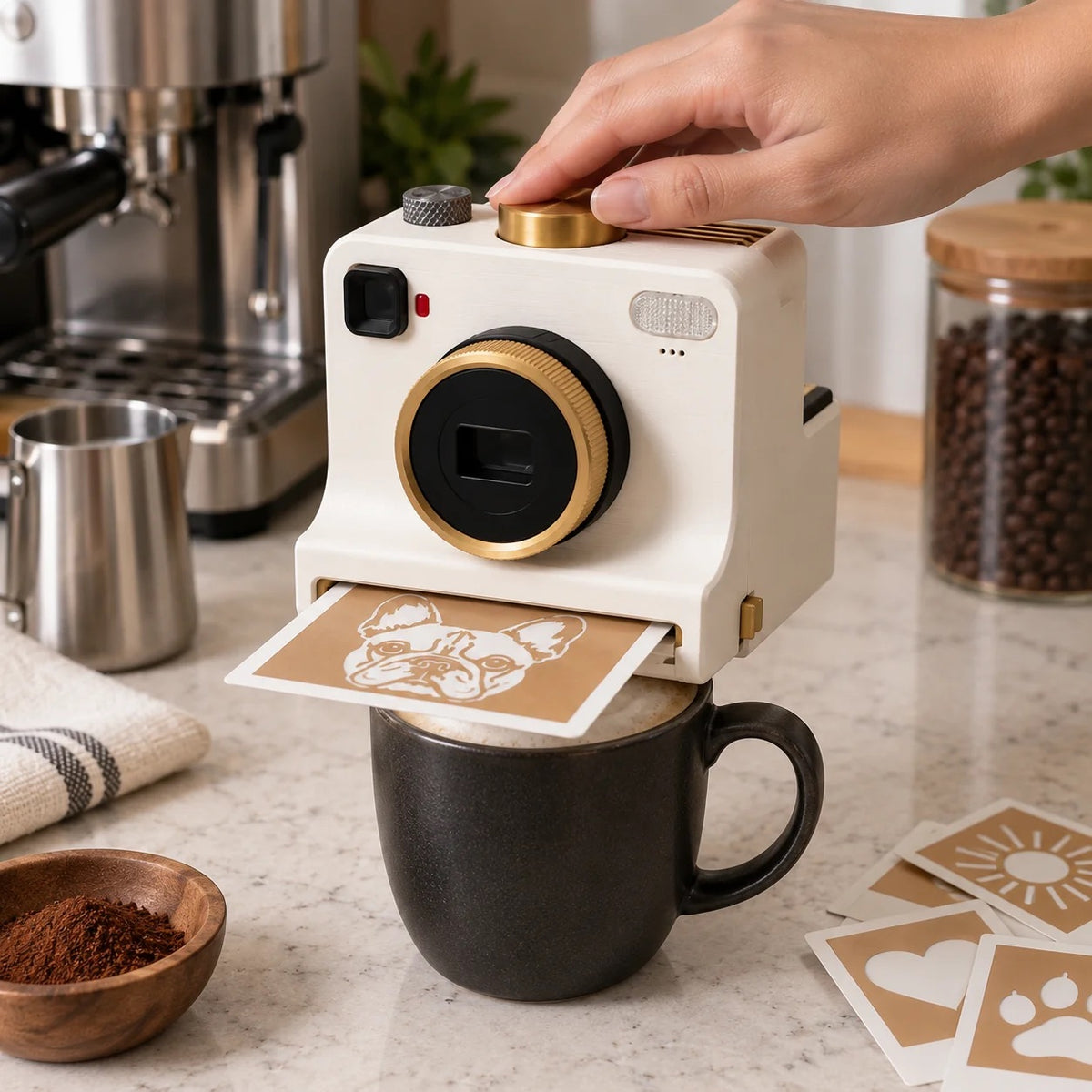 BrewCam™ Coffee Art Press + 12 Stencil Cards